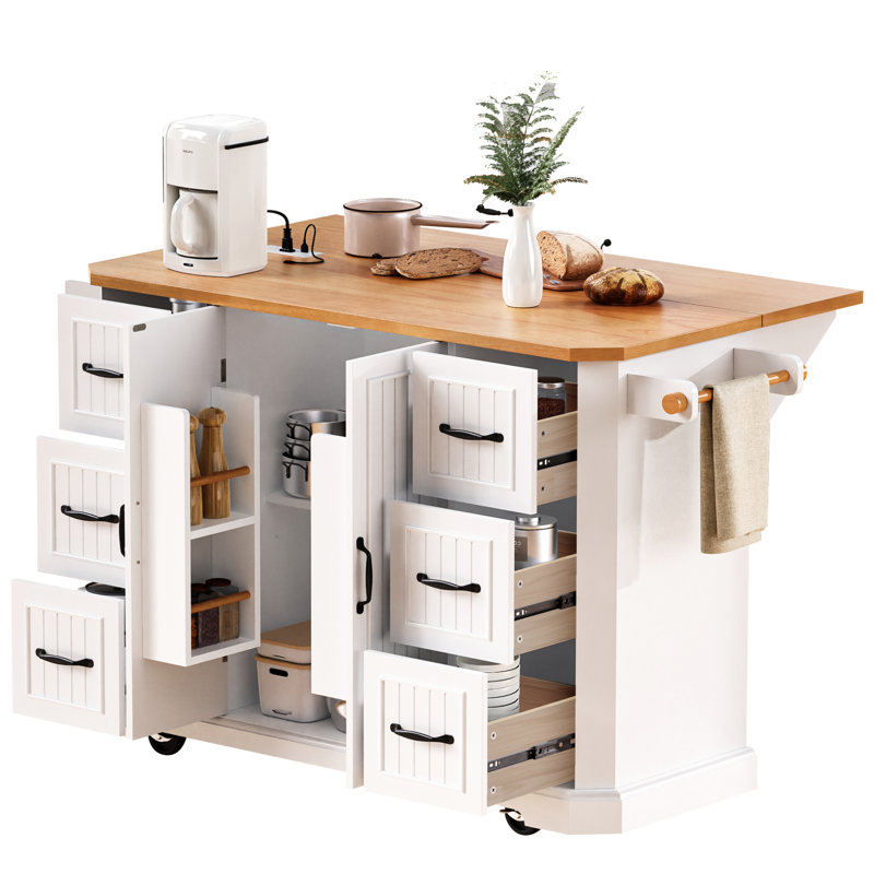 56 Inch Kitchen Island With Rubber Wood Veneer Drop Leaf, Power Outlet, 4 Door Shelves, Embossed Vertical Stripe Rolling Kitchen Cart On 4 Wheels With 6 Deep Drawers For Kitchen, Dining Room,White