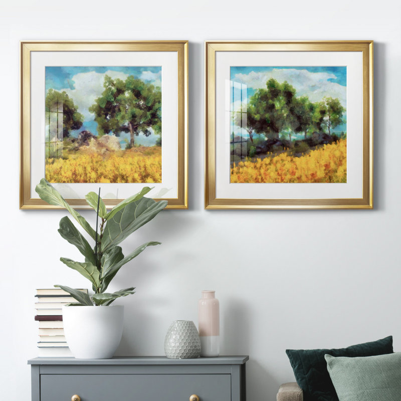 Paysage jaune doux I - cadre photo, reproduction d'art, H 17,5 po x l 35 po x P 1,5 po, Papier encadré doré, Blanc