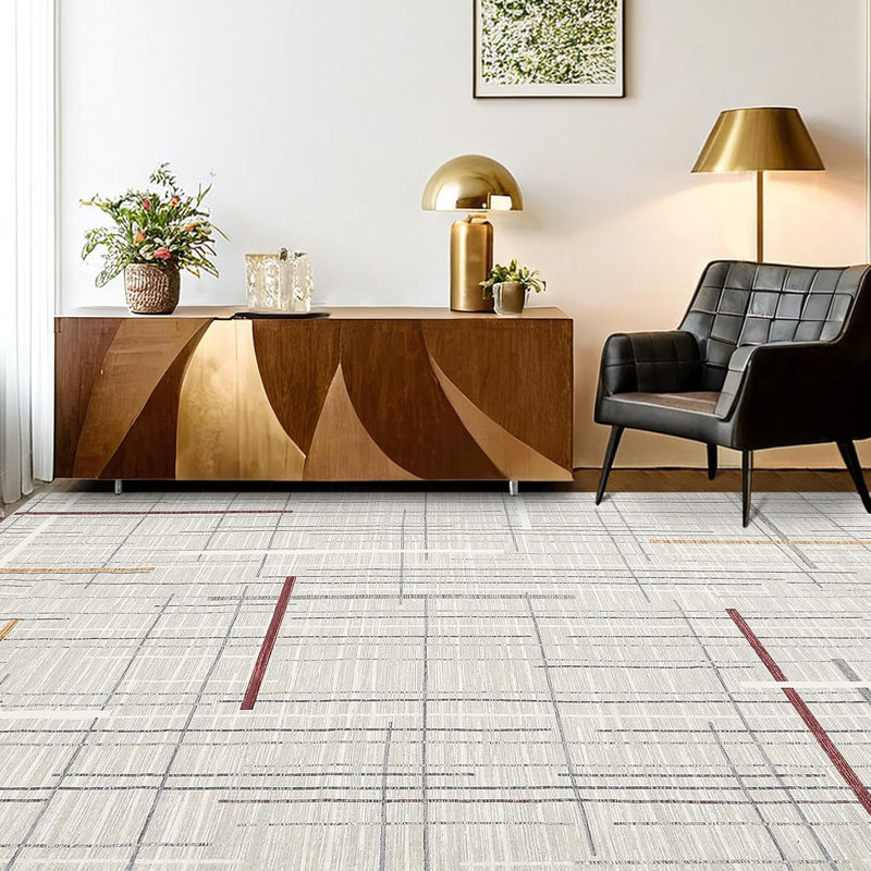 2x6 Washable Thin Indoor Rug, Modern Interwoven Lines, Low Pile, Stain-Resistant, Non-Slip for Living Room, Bedroom, Kitchen, Beige