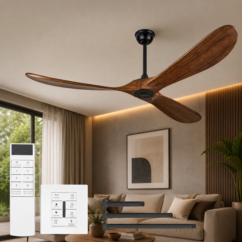 72'' 3-Blade Ceiling Fan (No Light) – Solid Wood Walnut Propeller Ceiling Fans Without Light, Remote, DC Motor, Outdoor/Patio (Coastal/Farmhouse)