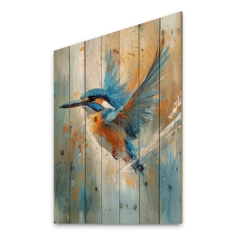 Martin-pêcheur bleu et orange près de la rivière - Décoration murale en bois d'oiseau - sur bois de pin naturel