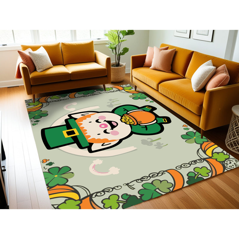 The Holiday Aisle® Washable Saint Patrick's Day Clover Leprechaun Holiday Rug, Rectangle 2' x 3'