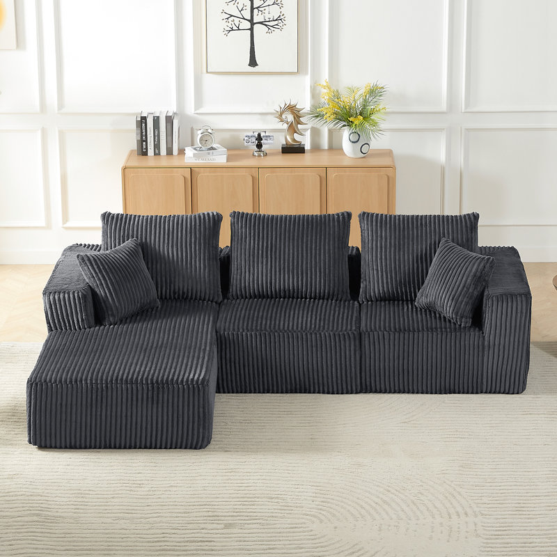 Modern 4 - Seater Corduroy Dark Grey , Modular Sectional For Living Room, No Assembly, Comfort With Spring Support, Multi Functional Usage In Areas Couch Grey, Sectional, Sponge, Stylish