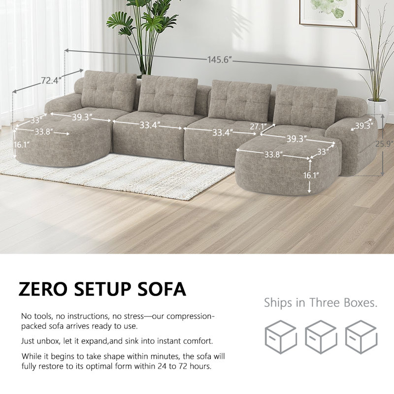 Oversized 145'' Modular Sectional Sofa with Chaise, Full Foam Structure for Comfort, Woven Texture Upholstery, Modern Living Room Couch, Compression Packaging Design, Brown