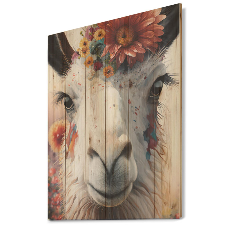 Iramai lama avec fleurs II - impression, H 20 po x l 12 po x P 1 po