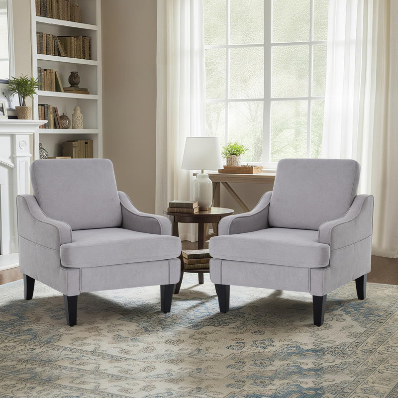 Modern Accent Chairs Set Of 2 Upholstered Reading Chair For Bedroom With Side Pockets Comfy Living Room Chairs Living Room Armchair For Office, Apartment (Grey Towel)