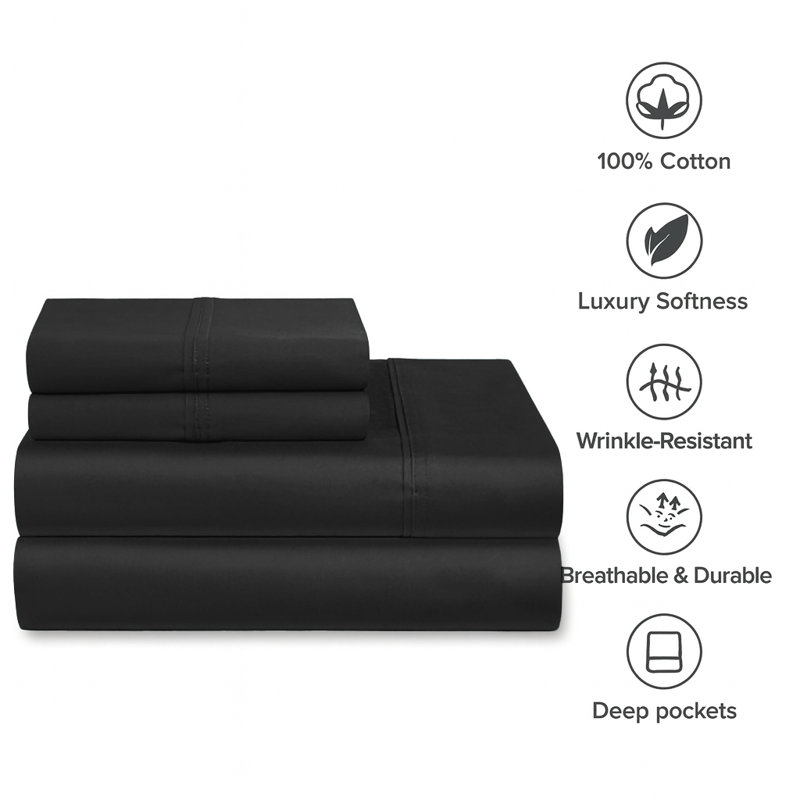 Milan Collection 1000 Thread Count 100% Cotton Sheet Set, Queen Sheet Set with 2 Pillowcases, Black