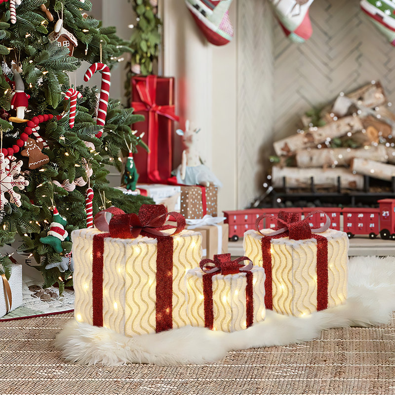 Ensemble de boîte-cadeau de Noël 3 pièces avec rubans rouges décoratifs et nœuds, Blanc/rouge