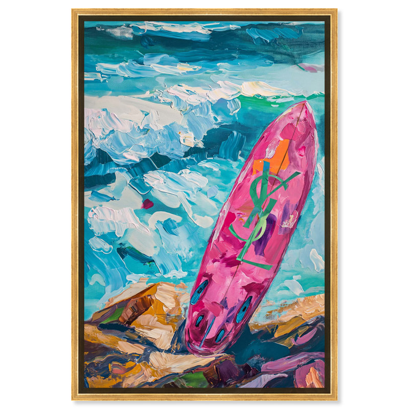Art mural planche de surf rose sur la plage par Art Remedy, Cadre doré, H 55 po x l 37 po