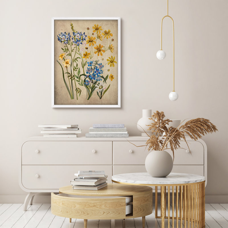 "Fleurs jaunes et bleues, œuvre d'art rustique, affiches encadrées, petit art mural de salle de bain", H 16 po x l 12 po