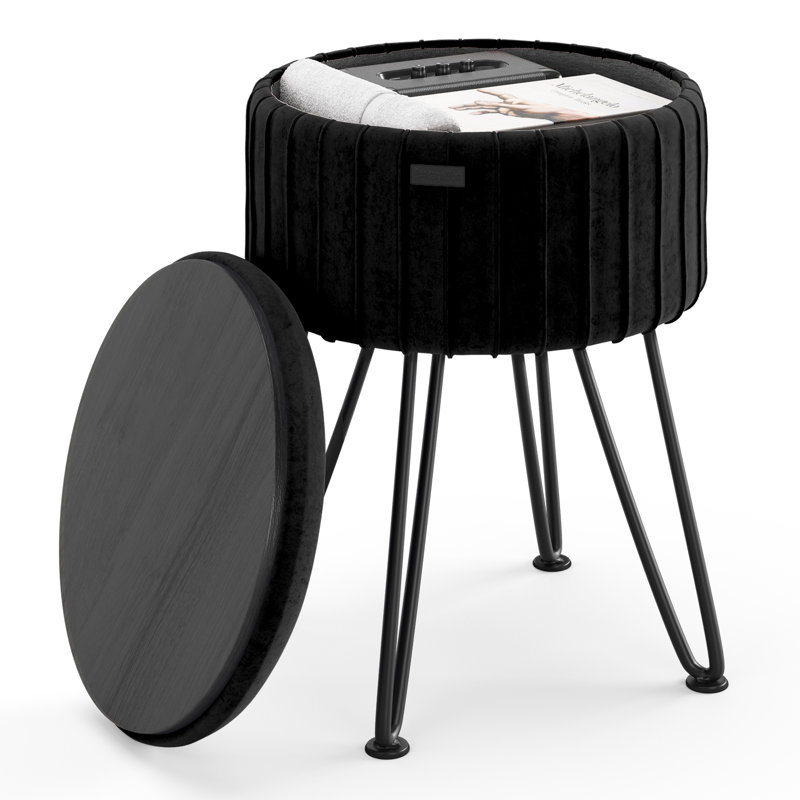 Repose-pieds rond en velours plissé avec rangement, Noir, noir, noir, noir, Noir, noir, noir, noir
