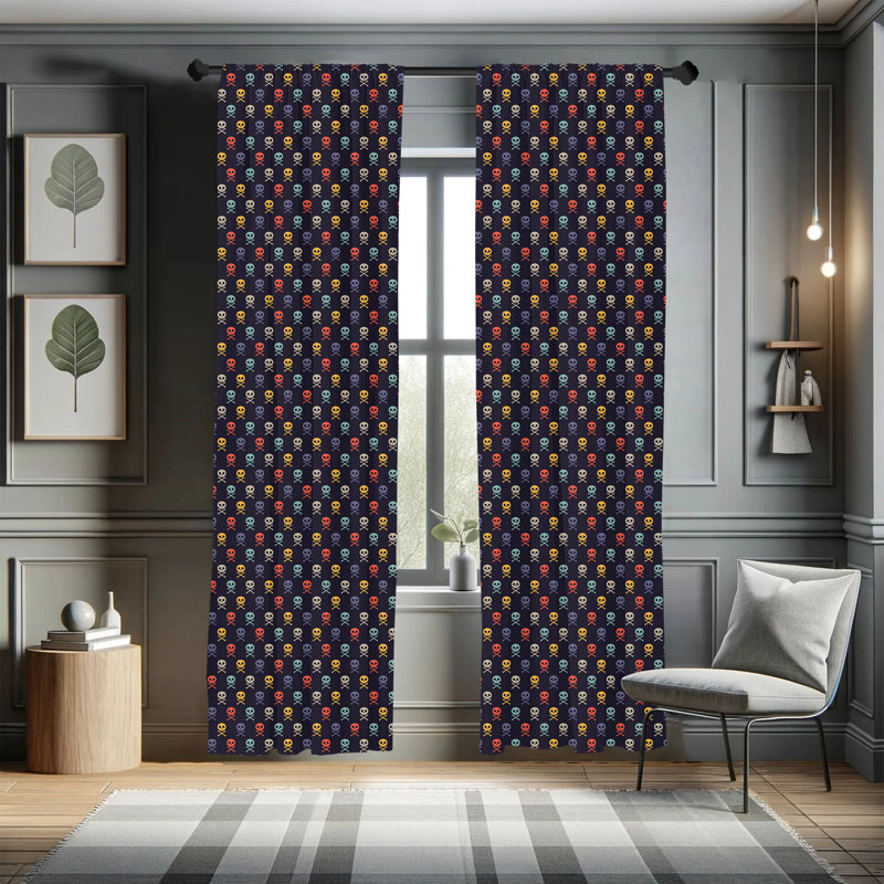 Multicolor Skull Print Rod Pocket Polyester Curtain Panels, 28" x 63"