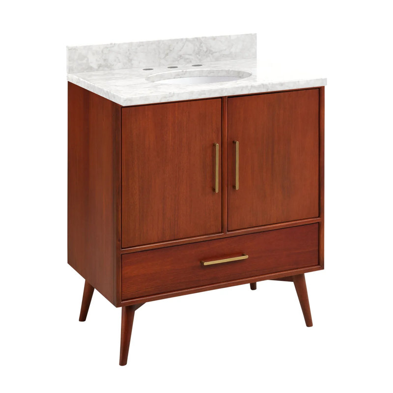 30" Novak Single Bathroom Vanity Set with Oval Undermount Sink, Natural Teak, 8" Widespread, Carrara Marble