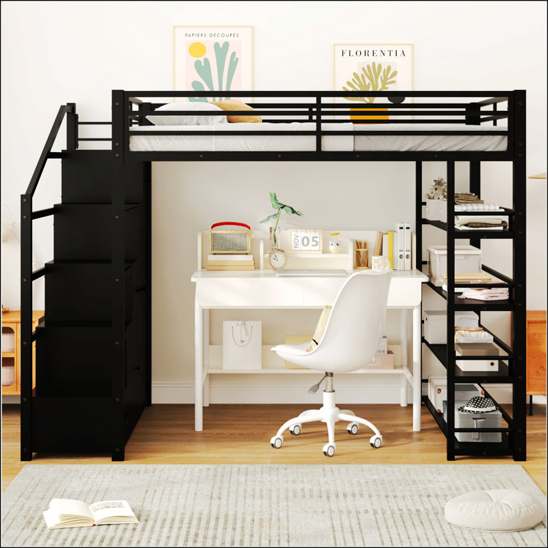 Full Size Metal Loft Bed With Storage Shelves