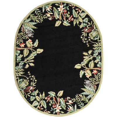 Tapis noir / vert en laine crocheté à la main à motif floral Hogle
