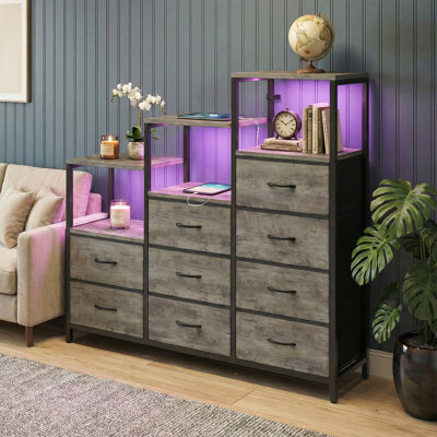  52" Wide Fabric Dresser with Stepped Drawers & Power Outlet with LED Lights