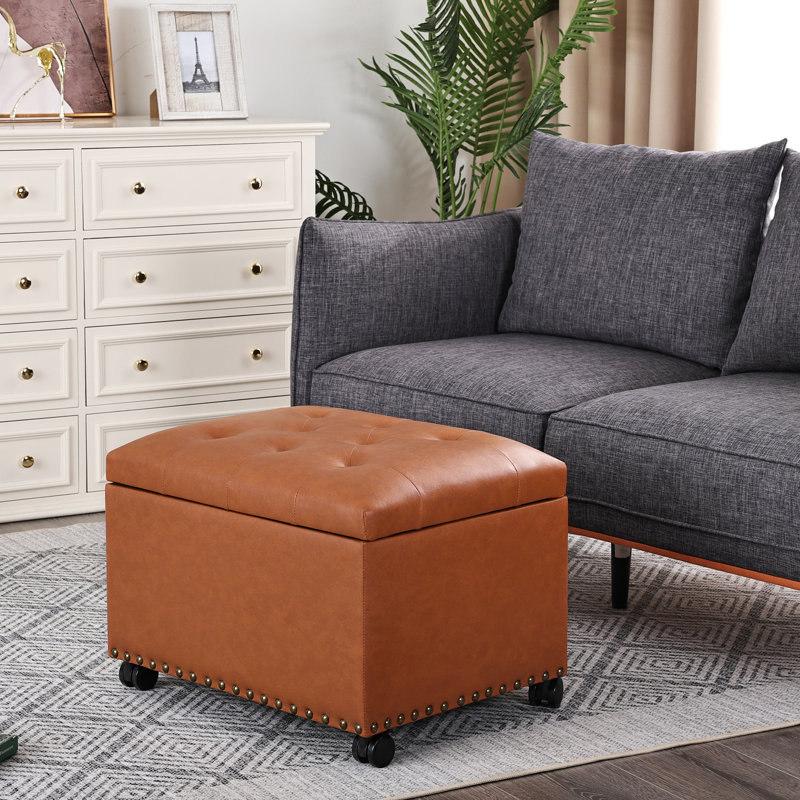 Repose-pieds rectangulaire en similicuir avec roulettes, Orange