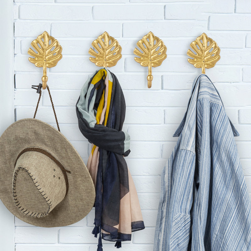 Set of 4 Vintage Gold Tone Metal Monstera Leaf Wall Mounted Coat Hooks, Decorative Entryway Towel, Robe, Hat & Bag Storage Hangers