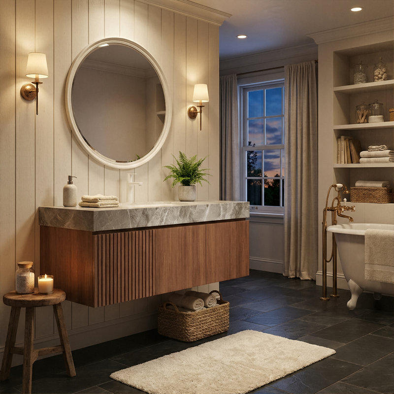 Meuble-lavabo mural 48 po avec comptoir en pierre frittée et lavabo en céramique, armoire de rangement avec 1 tiroir et porte à fermeture en douceur
