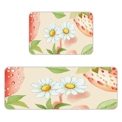 Ensemble de 2 tapis de cuisine à motif marguerite fraise rose et vert