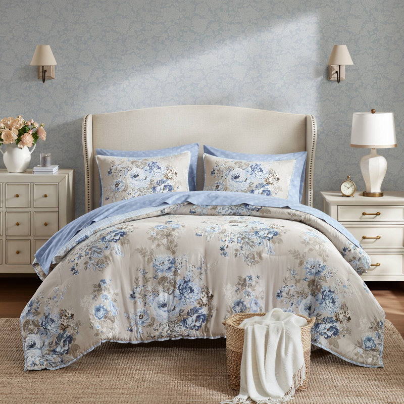Heather Vintage-Inspired Collection Floral Print 7-Piece Twin XL Comforter, Beige/Blue