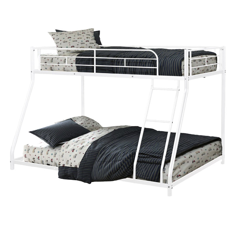 Lit superposé simple au-dessus d'un lit double en métal avec équilibre contemporain, de couleur blanche, en angle et facile à assembler