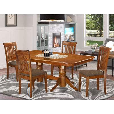 5 Piece Dining Room Furniture Set Includes a Rectangle Kitchen Table with Butterfly Leaf and 4 Linen Fabric Chairs, Saddle Brown