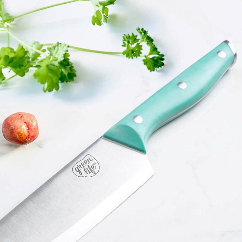 GreenLife High Carbon Stainless Steel 5 Piece Knife Set With Covers, Comfort Grip Handles