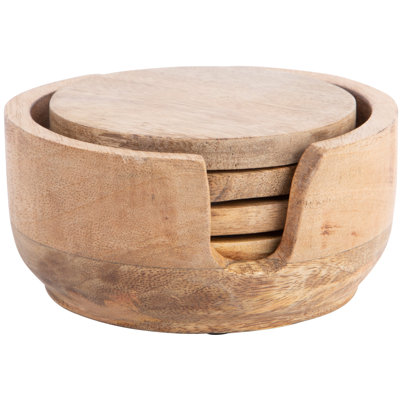 Wood Round 4-Piece Coaster Set with Holder