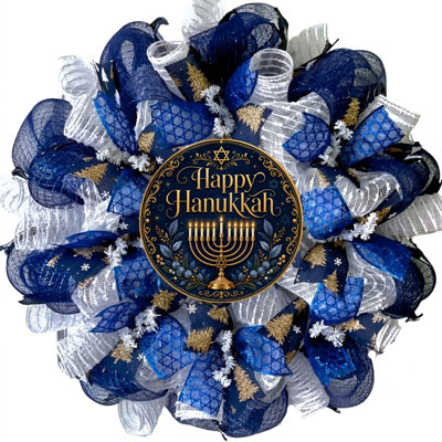 Maille décorative faite à la main Golden Menorah Hanukkah Wreath Disponible en 24 pouces de diamètre