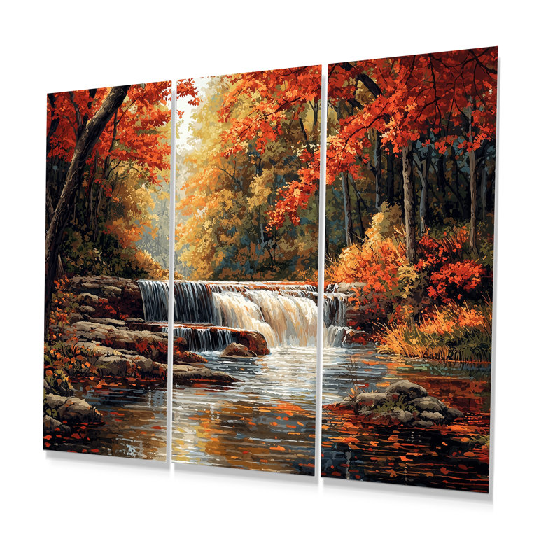 «Orange Autumn Mountain Waterfall Long View III - Waterfall», ensemble de reproduction d'art mural, Métal métal