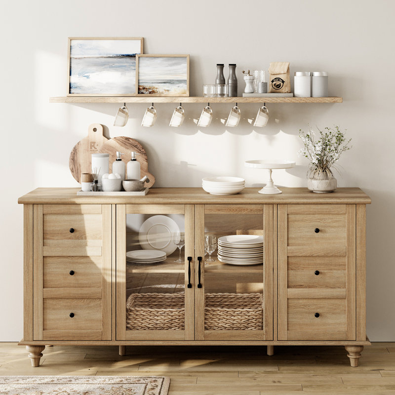 Buffet de porte en verre de 58 po avec tablettes réglables Scarlett, Chêne