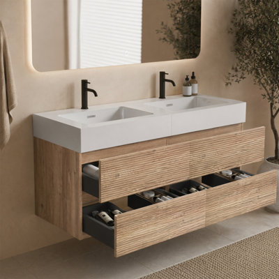 48" Wall Mounted Double Drawer Vanity, Black Grille & Walnut, White Quartz Sink, Soft-Close