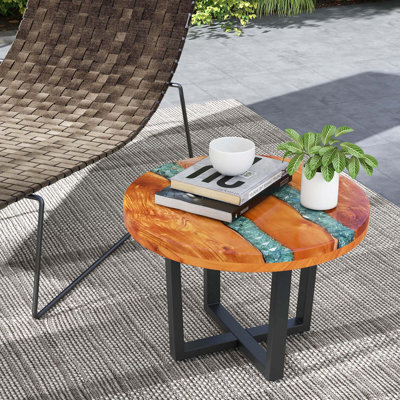 24" Round Teak Wood End Table With Epoxy Resin Tabletop Mahogany Base For Patio