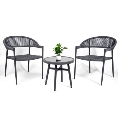 Ensemble de conversation en rotin 3 pièces, 2 chaises avec table, gris