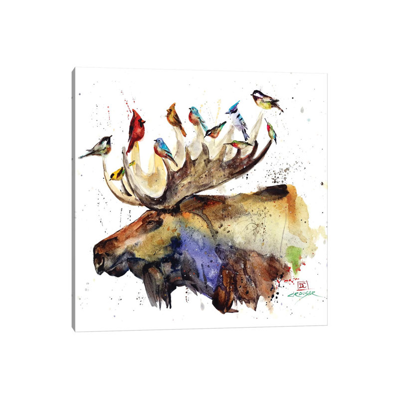 «Moose and Birds» par Dean Crouser - reproduction d'art, H 12 po x l 12 po x P 0,75 po, Toile tendue, Pas de tapis