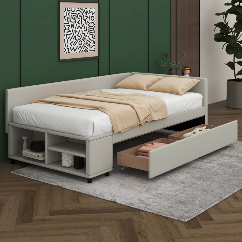 Lit plateforme simple tapissier en forme de L avec rangement et tiroirs, Beige