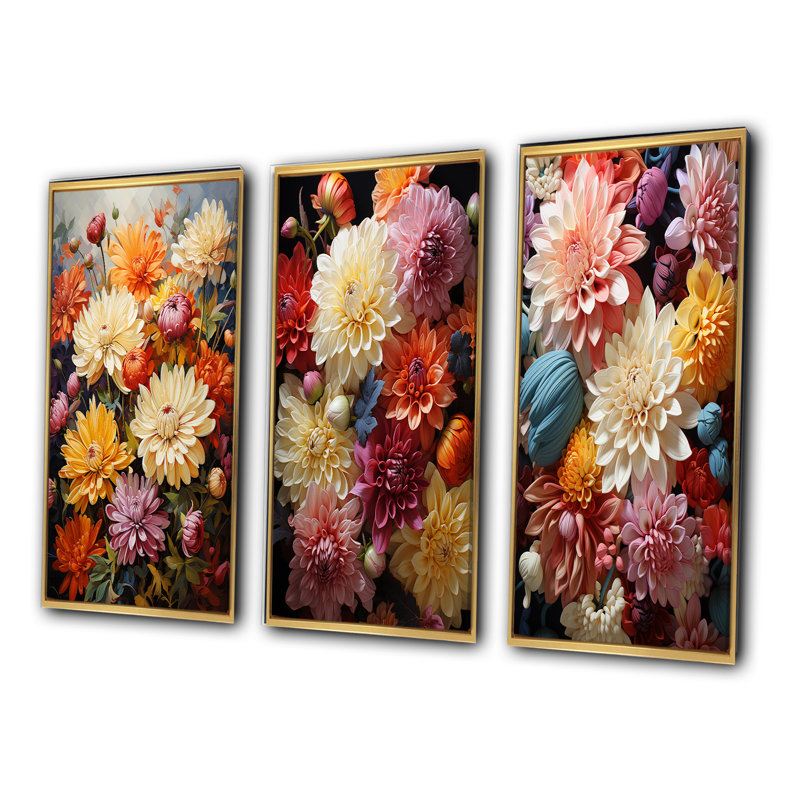«Mums Mums In Bloom», 3 pièces sur toile, H 20 po x l 36 po, Cadre flottant doré