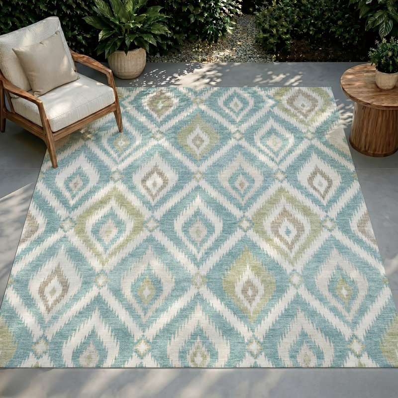 Tapis Chantille ACN3072 Ikat lavable à la machine pour intérieur/extérieur, Sarcelle, 10 pi x 14 pi