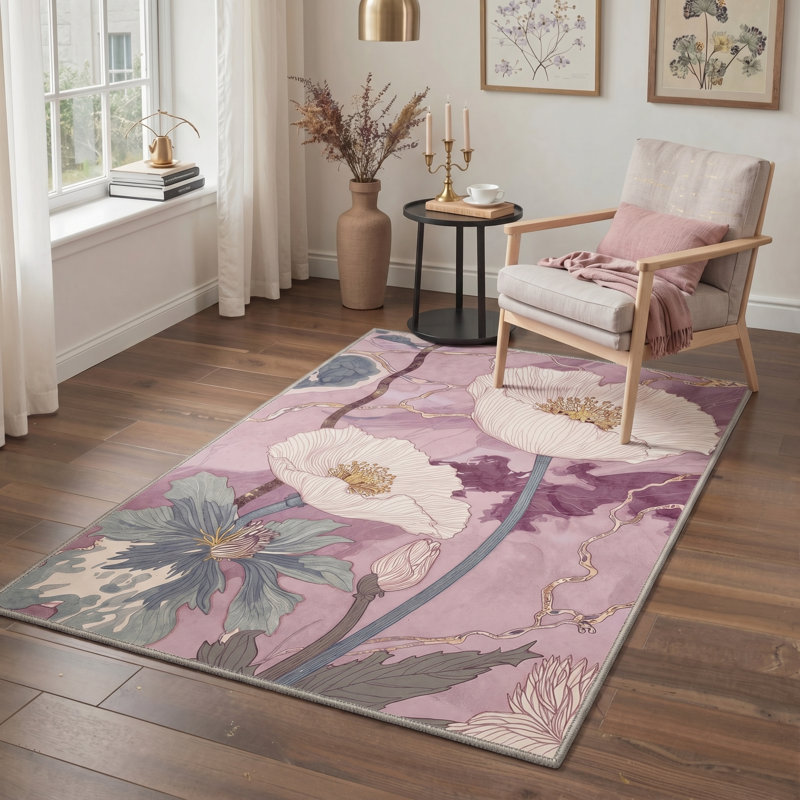 Tapis intérieur blanc / mauve lavable à la machine avec envers antidérapant Asteria Boho, Rond 5 pi
