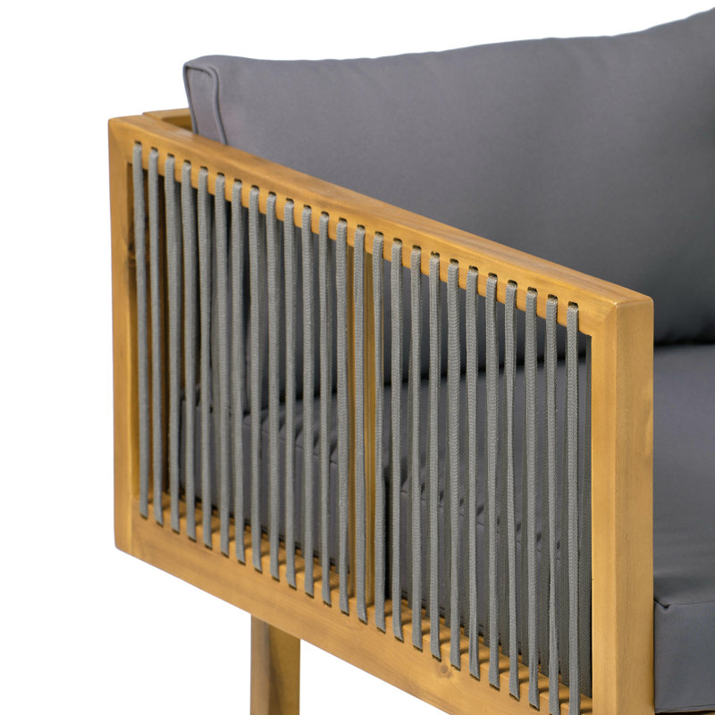 Outdoor Patio Sofa with Dark Grey Cushion & Grey rope, Acacia Wood Teak Finish, Water Repellent Fabric, DARK GREY