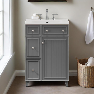 24" Bathroom Vanity Cabinet With Ceramic Sink, 2 Drawers, 1 Soft-close Door