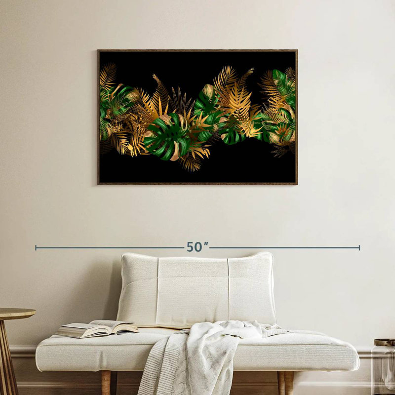 Feuilles dorées et vertes, 37 po x 25 po, Cadre flottant en noyer