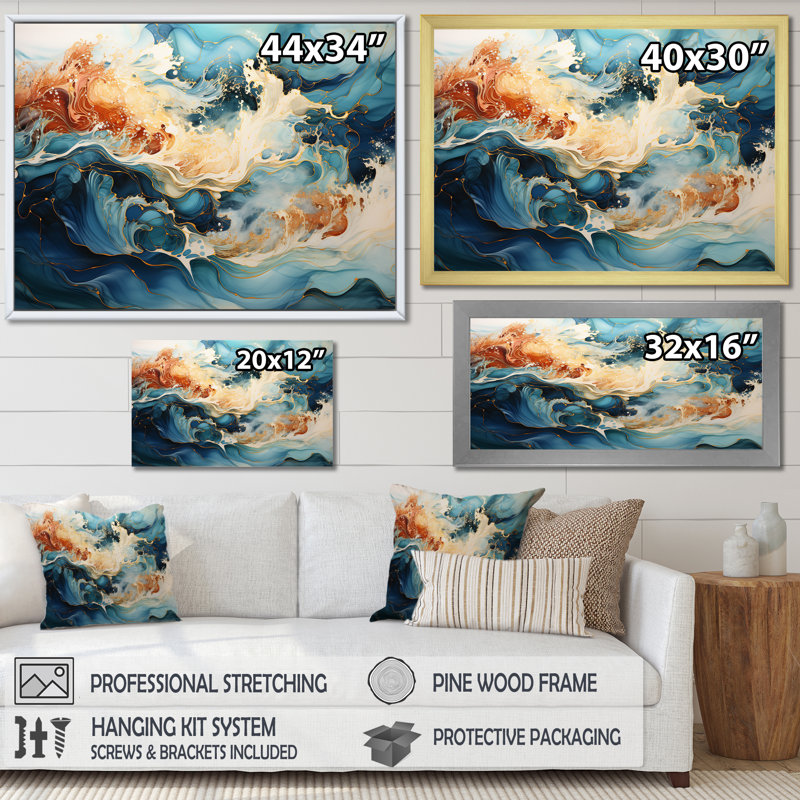 Liquide bleu et or tempête océanique I sur toile, Cadre flottant noir, H 34 po x l 44 po x P 1,5 po