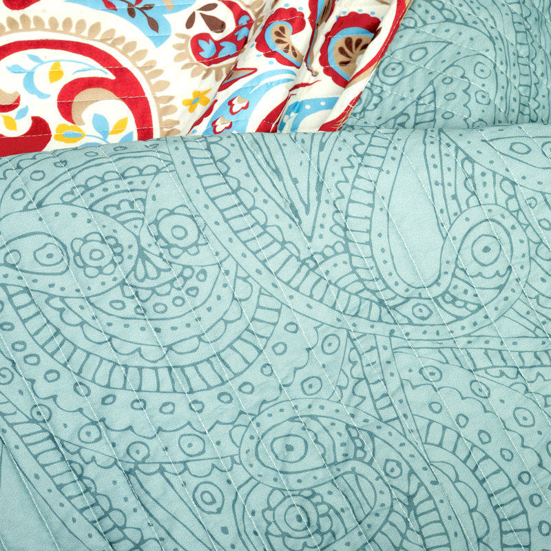 Seafoam and Red Boho Chic Reversible Cotton Full Quilt Set