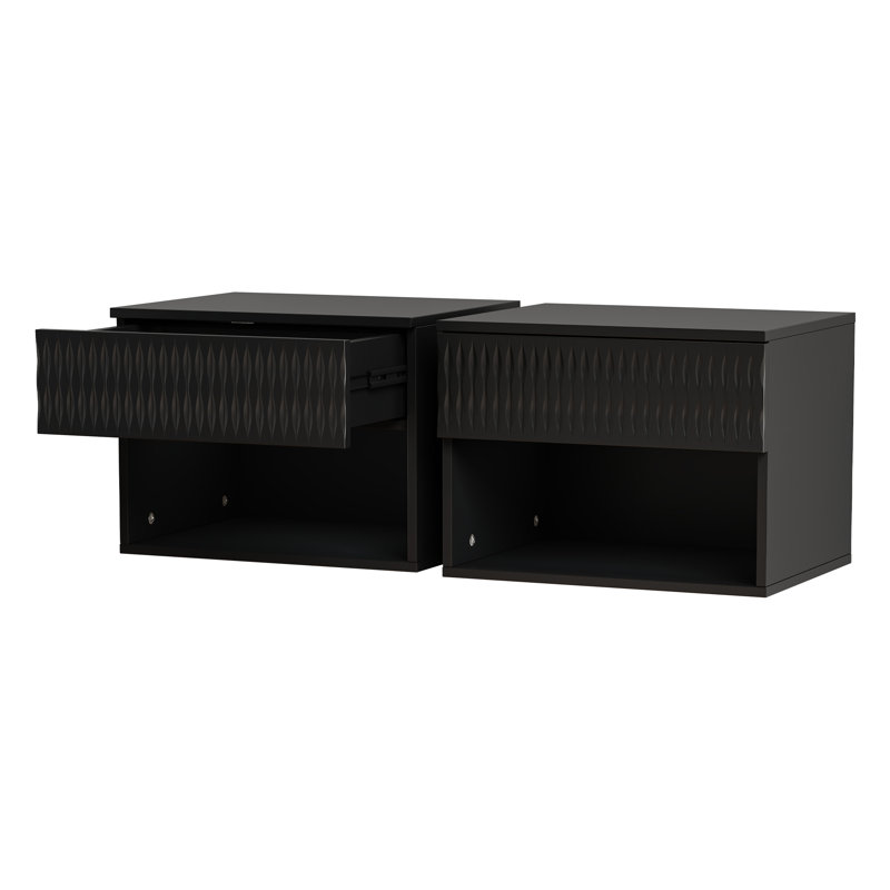 Set Of 2 Nightstand With Minimalist Wall-Mounted Cabinet: Drawer, Open Shelf, 3-Section Slides, Carved Surface, Anti-Shaking, For Bedroom/Living Room/Office