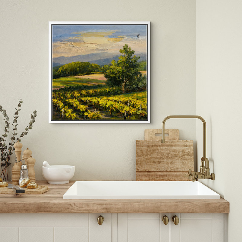 Sunlit Vineyard Landscape Rolling Hills Countryside Scenic Nature, H 16 po x l 16 po x P 1,5 po, Blanc