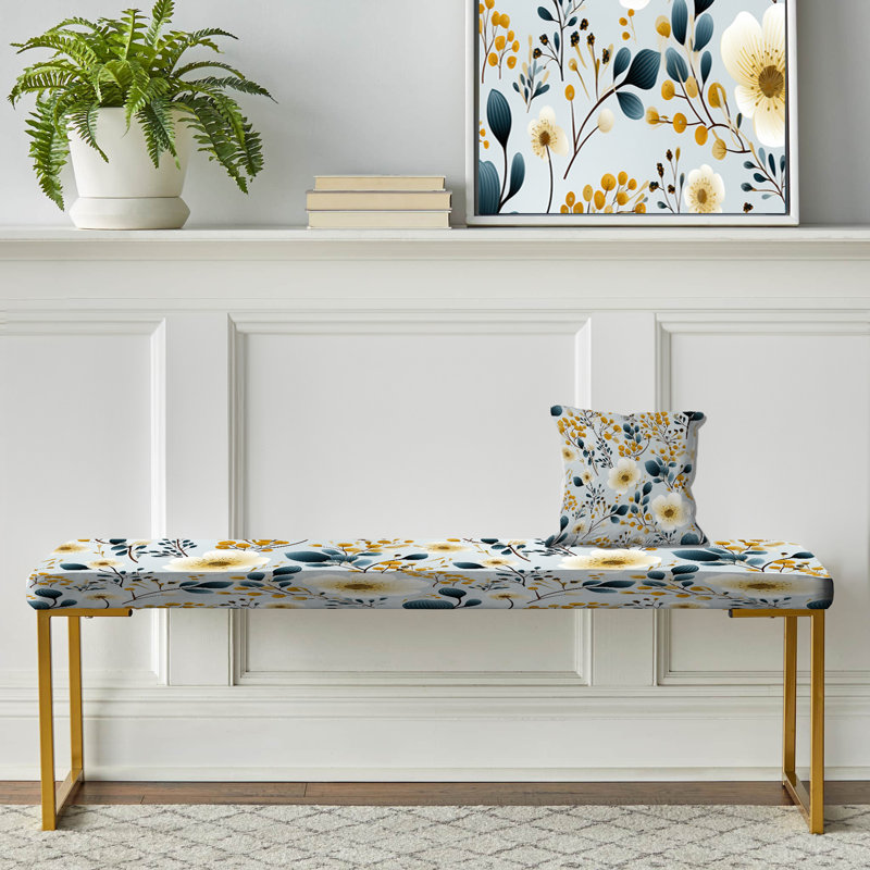 Floral Upholstered Gold Bench, White And Beige Minimalist Floral Bedding II