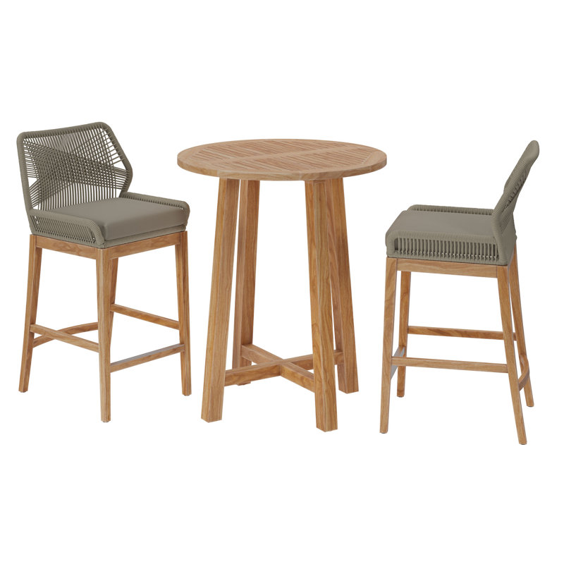 Wellspring 3-Piece Outdoor Patio Teak Wood Bar Set, Light Gray Greige