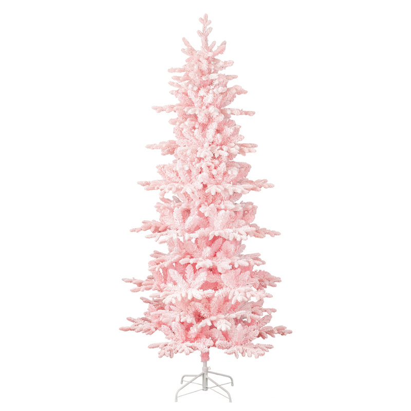 Deluxe Pre-Lit Pink Flocked Slim Fir Artificial Christmas Tree – 260 Warm White & Multi-Colour Lights, 9 Functions with Foot Pedal